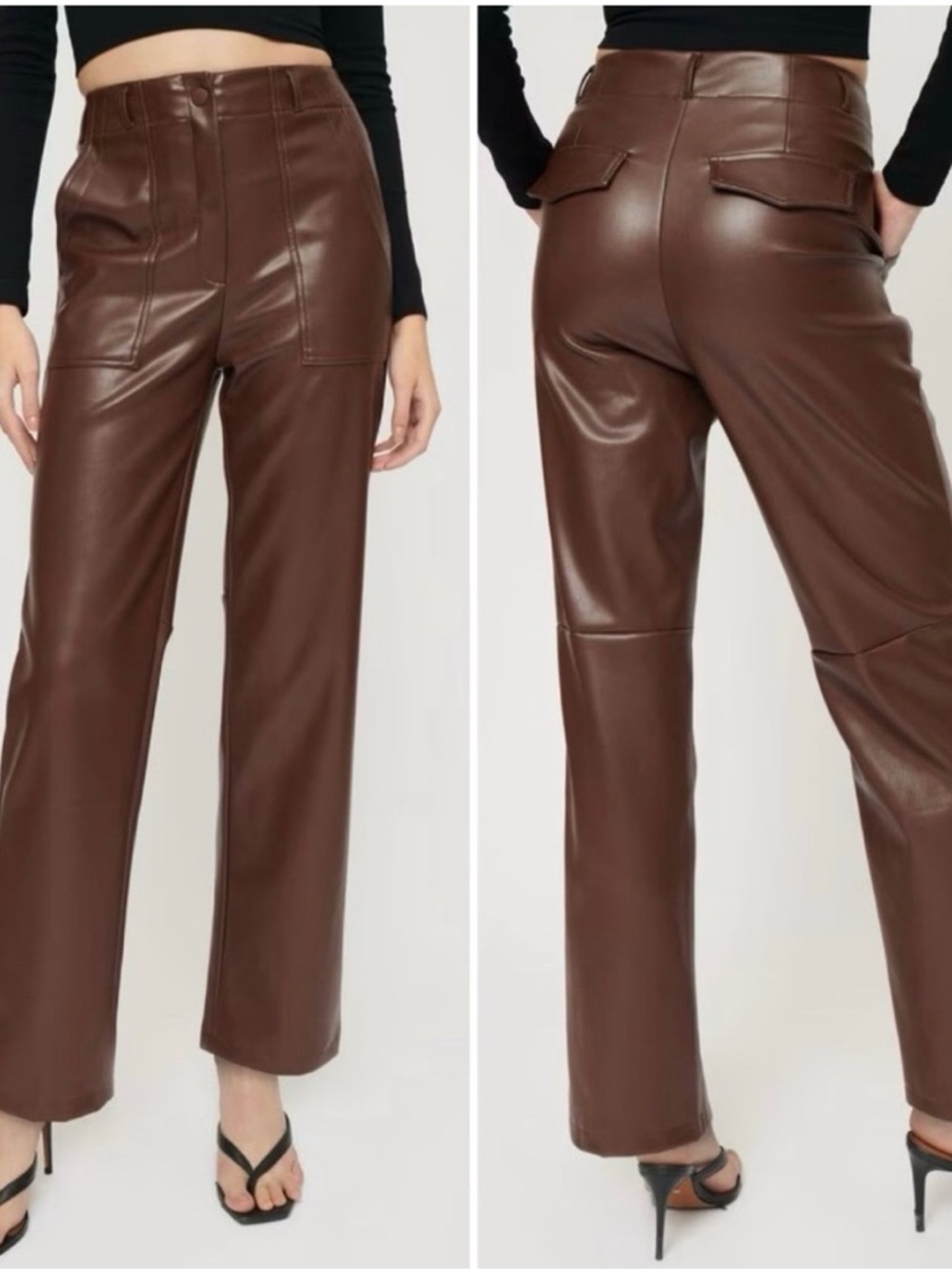DYNAMITE Utility Faux Leather Pants Straight Leg High Rise in Brown